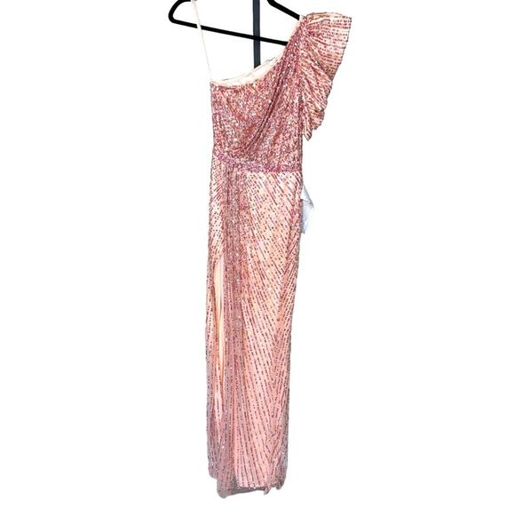 NWT MAC DUGGAL Apricot Sequin Embellished Puff One Shoulder Maxi Gown Women’s - Picture 2 of 12